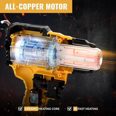 Internal view of Cordless 20V Heat Gun With 350W Power, showing all-copper motor and ceramic heating core.
