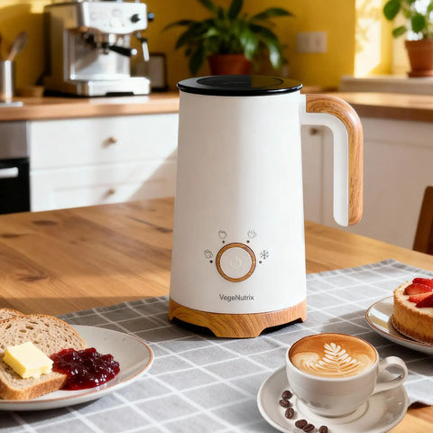 Powerful 4 In 1 Electric Milk Frother And Warmer With Dual Whisks for Quick Auto Foam and Heat on kitchen table with coffee.