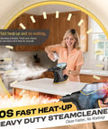 Hot Handheld Steam Cleaner 1300W Fast Heatup In 10 Sec being filled with water by a smiling woman in a kitchen.