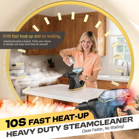 Hot Handheld Steam Cleaner 1300W Fast Heatup In 10 Sec being filled with water by a smiling woman in a kitchen.