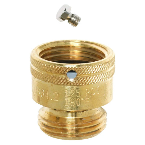 Brass 0.75 Inch Male Hose Thread Vacuum Breaker for Backflow Prevention, self-draining design, max 180°F, 125 PSI, close-up view.
