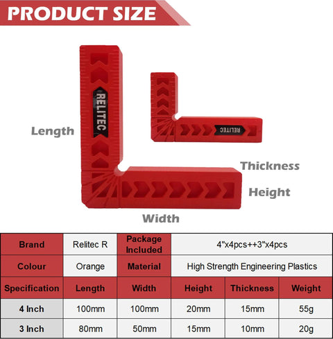 Set Of 8 90 Degree Corner Clamps For Woodworking, 3-inch and 4-inch ABS squares showing dimensions and details on product material.