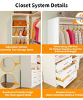 Sleek White Corner Closet System With Nine Wooden Drawers And Adjustable Shelves For Spacious Walk In Storage Organizer featuring adjustable shelves and wooden drawers.