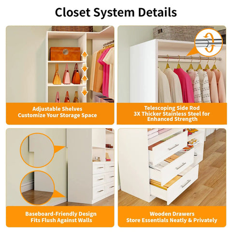 Sleek White Corner Closet System With Nine Wooden Drawers And Adjustable Shelves For Spacious Walk In Storage Organizer featuring adjustable shelves and wooden drawers.