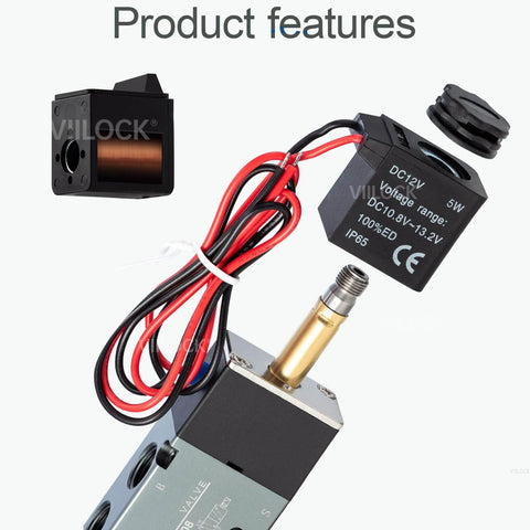5 Way 2 Position Pneumatic Solenoid Valve, Aluminum Alloy Body with DC 12V Coil and Wire, Product Features
