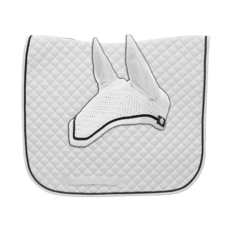 Dressage Saddle Pad And Crocheted Bonnet Set For Horses White And Black Two In One Equestrian Gear With Contoured Poly Cotton Padding