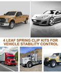 Images of vehicles using Four Piece Stainless Steel Leaf Spring Clamp Kit For Three Inch Wide Leaf Springs with Bend Repair Clips.