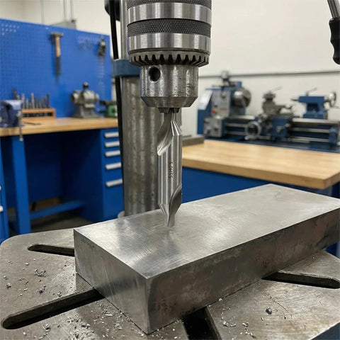 Top Shelf 7 Piece Center Drill Bit Set Crafted From Heavy Duty M2 High Speed Steel With A Sharp 60 Degree Countersink Design Ideal For Lathe Work And Shop Metalworking Tasks Featuring A Dead Reliable Range Of Exact Hole Sizes Included, drilling into metal block.
