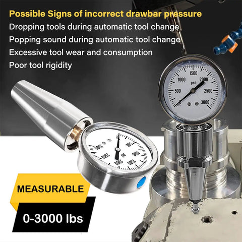 Drawbar Pull Gauge For CNC Spindles Direct Readout 0 To 3000 Lbs Five Eighths Inch Eleven Thread Retention Knob Works On CAT40 And BT40 CNC Machines Heavy Duty Spindle Pull Test Meter For Precise Readings, 0-3000 lbs gauge on CNC spindle