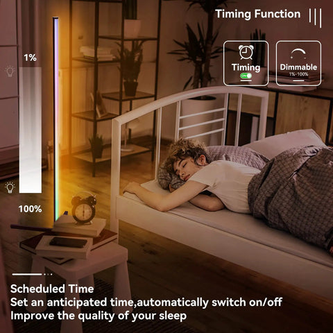 Corner Floor Lamp Set The Vibe With 16 Million RGB Colors And Over 210 Mood Lighting Modes in a bedroom with timing function.