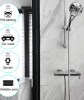 Extra Long 118 Inch Stainless Steel Shower Hose For Handheld Showers Easy Reach Extension And Replacement Flexible And Durable 304 Stainless Steel With G One Half Universal Connector And Nut attached to bathroom shower with icons for pet bathing, car wash, garden, inflatable pool uses.