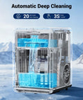 Party Ready Nugget Ice Maker with self-cleaning design in transparent view, showing water flow for automatic deep cleaning.