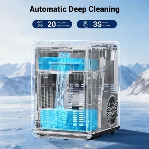 Party Ready Nugget Ice Maker with self-cleaning design in transparent view, showing water flow for automatic deep cleaning.