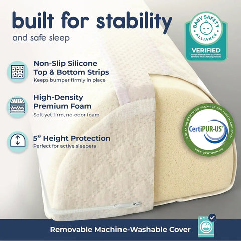 Close-up of CertiPUR-US Foam Toddler Bed Rail Bumper with non-slip silicone strips, 5" height protection, and removable cover