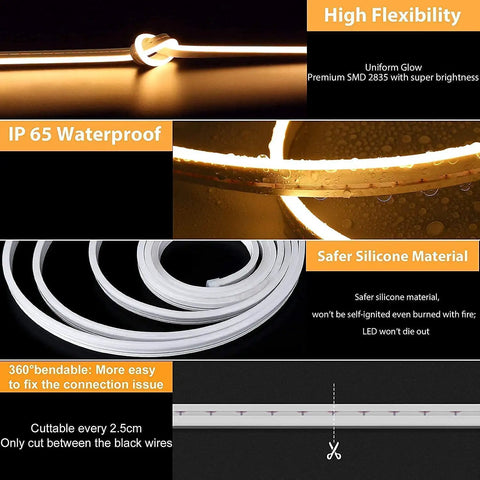 LED Neon Rope Lights 12V Warm White Dimmable 16 Feet Waterproof Silicone Neon Strip features and design highlights.
