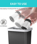 Hands tapping Two Pack Fine Dust Filter For Miele TriFlex HX1 Series Cordless Vacuums Cat And Dog HX FSF Replacement into bin