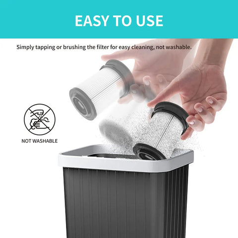 Hands tapping Two Pack Fine Dust Filter For Miele TriFlex HX1 Series Cordless Vacuums Cat And Dog HX FSF Replacement into bin