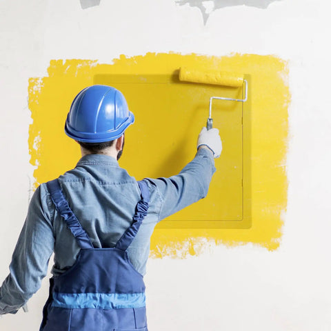 Heavy Duty 16 X 16 Inch Access Panel For Drywall With Rock Solid ABS Plastic Build And Clean White Cover Perfect For Plumbing HVAC Work Including No Sweat Mount And Built Dead Tough Anti Yellow Shield For Household Upgrades being painted yellow by a worker.