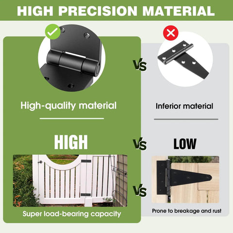 Comparison image showing a Heavy Duty Gate Hinges 270 Degree Folding Butt Hinges With Electroplating next to an inferior hinge in use on wood gates
