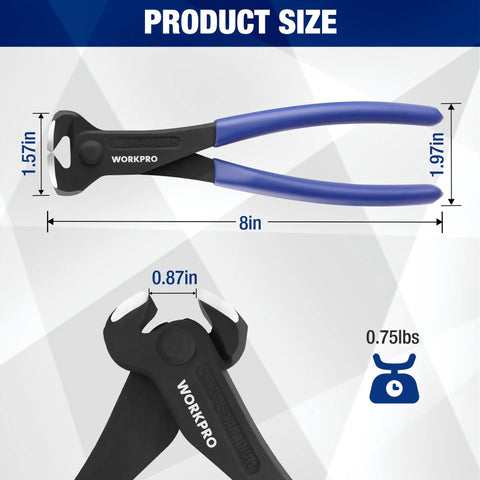 8 Inch Nail Puller End Cutting Pliers With Laser Hardened Edge For Clean Cuts Rustproof CR V Steel Heavy Duty Nail Extraction Tool For Construction And Home Improvement Projects, 8in size chart