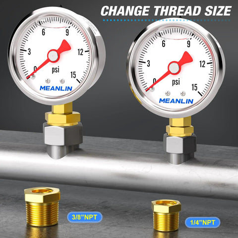 Front view of Stainless Steel Liquid Filled Pressure Gauge 0-15 Psi, 1/8 In NPT, 1.5 Inch Dial, Lower Mount, Glycerin Filled shown with bushings