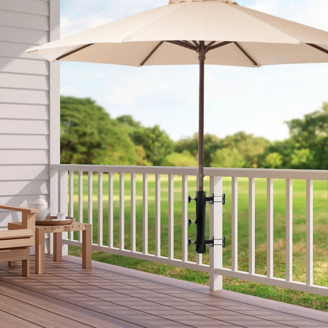 Built Tough Heavy Duty Adjustable Metal Patio Umbrella Holder Clamp Stand For Deck Railing Outdoor Courtyard And Balcony Wind Resistant Mount