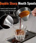 Two Piece Stainless Steel Espresso Cups With Handles And A Pro Pour Double Spout Measuring Cup With Dual Scale V Shaped Mouth for drip-free espresso pour