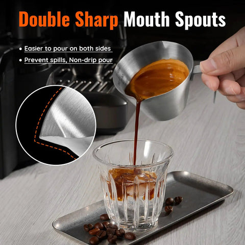 Two Piece Stainless Steel Espresso Cups With Handles And A Pro Pour Double Spout Measuring Cup With Dual Scale V Shaped Mouth for drip-free espresso pour