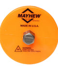 Top view of Mayhew Handguarded Mason Chisel handle, featuring 'MADE IN USA' text. Focus keyword: Handguarded Mason Chisel Two And A Quarter By Seven And Three Quarters Inches Black Made In USA Built Tough For Precise Cuts And Scores Masonry Tool With Shock Absorbing Guard And Shot Blasted Finish
