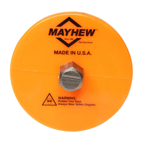 Top view of Mayhew Handguarded Mason Chisel handle, featuring 'MADE IN USA' text. Focus keyword: Handguarded Mason Chisel Two And A Quarter By Seven And Three Quarters Inches Black Made In USA Built Tough For Precise Cuts And Scores Masonry Tool With Shock Absorbing Guard And Shot Blasted Finish