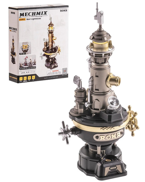 Navi Lighthouse Mechanical 3D Puzzle Lighted DIY Building Set For Adults Desk Decor And Gift Ideas on display with packaging