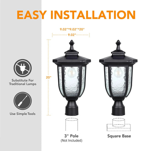60 LED Solar Pineapple Hanging Lantern Light For Outdoor Garden And Patio, easy installation diagram, black square base