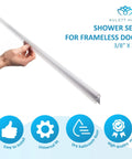 Person holding a "Keeps Your Shower Dry With Frameless Glass Door Seal Bottom Sweep For Three Eighths Inch Doors 36 Inch Length Drip Rail Stop Water Leaks Easy Install Durable Vinyl Seal Strip For A Leak Free Bathroom" with product features displayed.