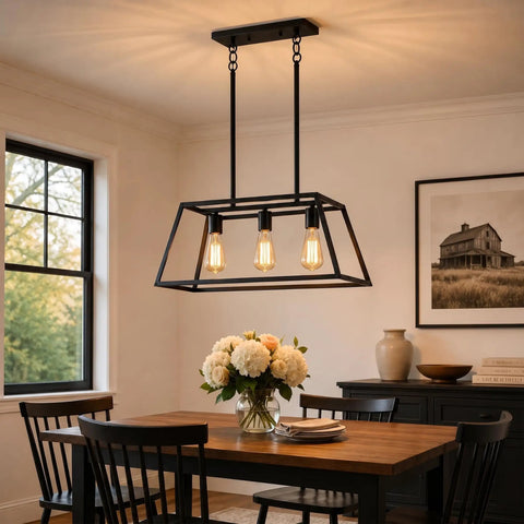 Matte Black Kitchen Island Lighting Fixture With Three Lights Farmhouse Style Pendant Chandelier in dining room setting