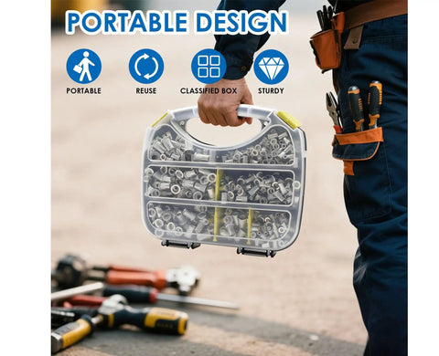 Person holding Rivet Nut Tool Kit With 7 Mandrels And 444 Rivet Nuts In Rugged Aluminum Case For SAE And Metric Sizes, portable design