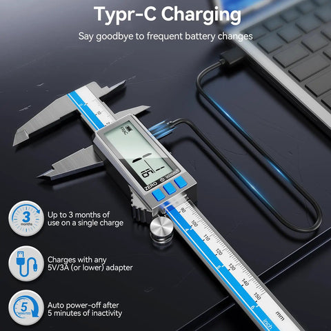 Type C Rechargeable 6 Inch Digital Caliper with Stainless Steel Vernier, IP54 Protection, MM In Conversion, Large LCD Display