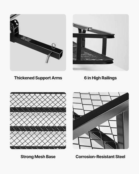 Foldable Hitch Carrier 60x24x6 Inch With 500lb Capacity showing support arms, high railings, mesh base, and steel material