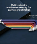 Nine Piece Hex Key Allen Wrench Set with color-coded handles on a dark background for easy size distinction