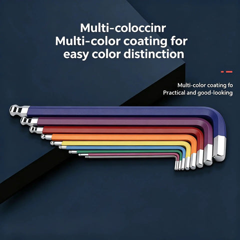 Nine Piece Hex Key Allen Wrench Set with color-coded handles on a dark background for easy size distinction
