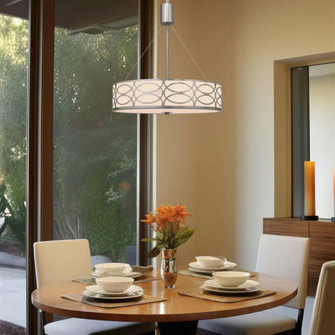 Modern Lattice Drum Pendant Chandelier 3 Light Hanging Light With Glass Diffuser In Brushed Nickel Finish over dining table