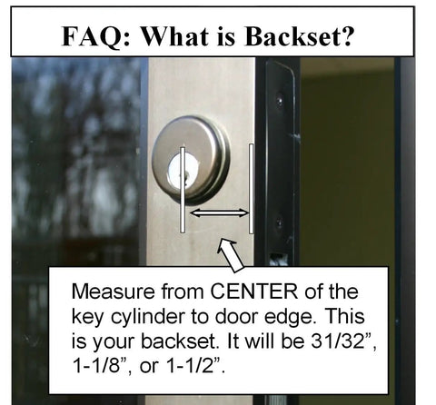 FAQ on backset measurement with focus on center of key cylinder to door edge on storefront door set image.