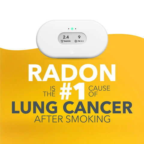 Battery Powered Indoor Air Quality Monitor With Wi Fi Connectivity For Radon PM2 5 CO2 VOC Humidity Temperature And Air Pressure Real Time Readouts To Keep Your Home Fresh And Breathing Easy displayed with radon warning text.