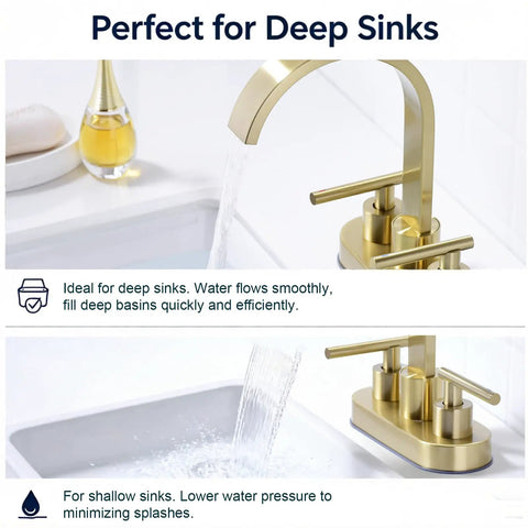 Matte Black 4 Inch Centerset Bathroom Faucet For 3 Hole Sinks, High Flow Waterfall Spout, 360 Degree Swivel, water performance