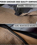Comparison of sunshade cloth edges, showing unbound raw edge vs reinforced bound edge for Heavy Duty Sun Shade Cloth For Pergola And Patio 3 By 6 Ft 90 Percent UV Block With 185GSM HDPE Weave Wind Resistant Tarp With Stainless Steel Grommets Privacy Screen For Outdoor Deck Backyard.