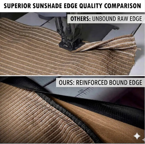 Comparison of sunshade cloth edges, showing unbound raw edge vs reinforced bound edge for Heavy Duty Sun Shade Cloth For Pergola And Patio 3 By 6 Ft 90 Percent UV Block With 185GSM HDPE Weave Wind Resistant Tarp With Stainless Steel Grommets Privacy Screen For Outdoor Deck Backyard.