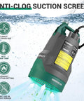 One Third Horsepower Submersible Water Pump With 2450 GPH Flow Portable Electric Utility Pump features and anti-clog screen