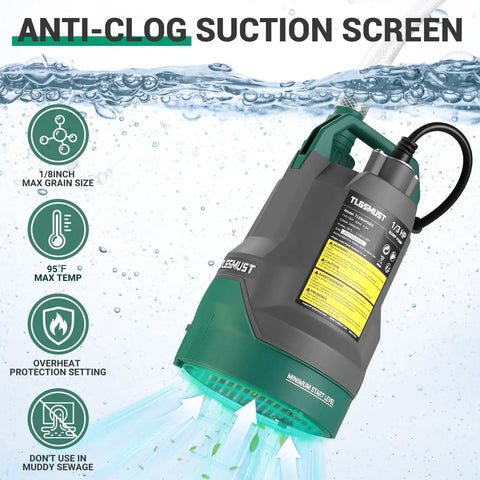 One Third Horsepower Submersible Water Pump With 2450 GPH Flow Portable Electric Utility Pump features and anti-clog screen