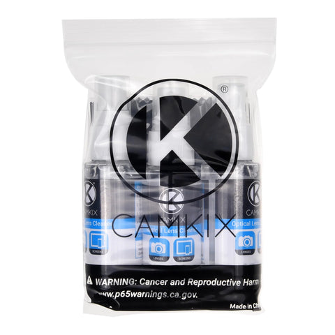 Front view: CamKIX lens and screen cleaning kit with 3 spray bottles and 3 microfiber cloths in a clear resealable bag