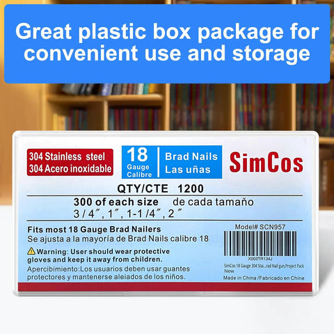 Professional 18 Gauge 304 Stainless Steel Brad Nails 3/4 To 2 Inch packaged in a clear plastic box for easy storage, 1200 pieces.