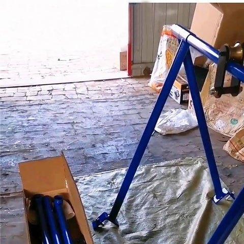 Driveway Ready Heavy Duty Foldable Engine Hoist Crane Lifter With 2200 Lbs Capacity in blue, assembled in garage setting.